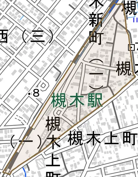 槻木新町とその周辺の地図。町の範囲を重ねている