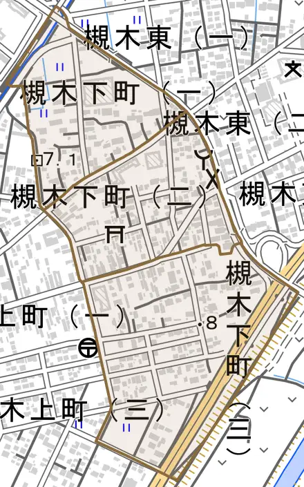 槻木下町とその周辺の地図。町の範囲を重ねている