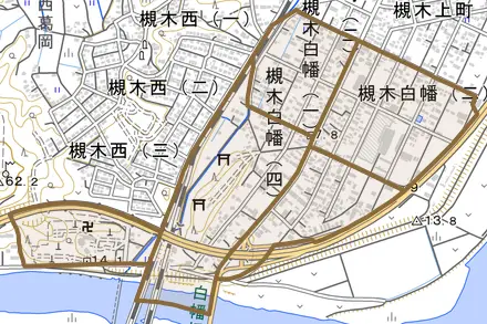 槻木白幡とその周辺の地図。町の範囲を重ねている