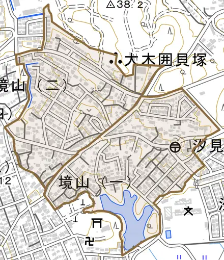 境山とその周辺の地図。町の範囲を重ねている