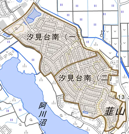 汐見台南とその周辺の地図。町の範囲を重ねている