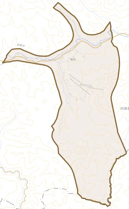 字峠田とその周辺の地図。町の範囲を重ねている