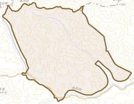 字湯原とその周辺の地図。町の範囲を重ねている