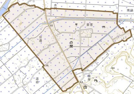 一の関とその周辺の地図。町の範囲を重ねている