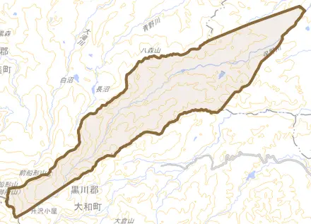 小栗山とその周辺の地図。町の範囲を重ねている