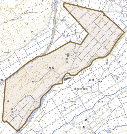 高根とその周辺の地図。町の範囲を重ねている