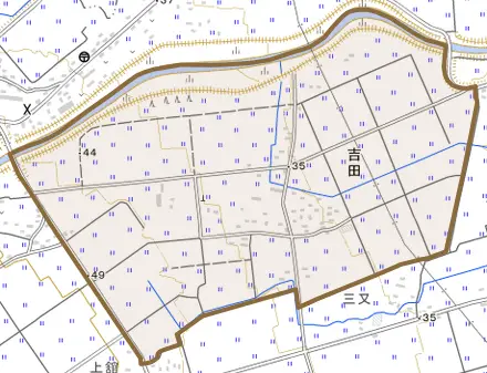 吉田とその周辺の地図。町の範囲を重ねている