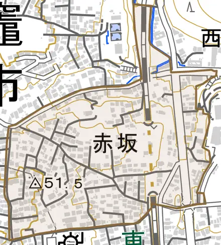 赤坂とその周辺の地図。町の範囲を重ねている