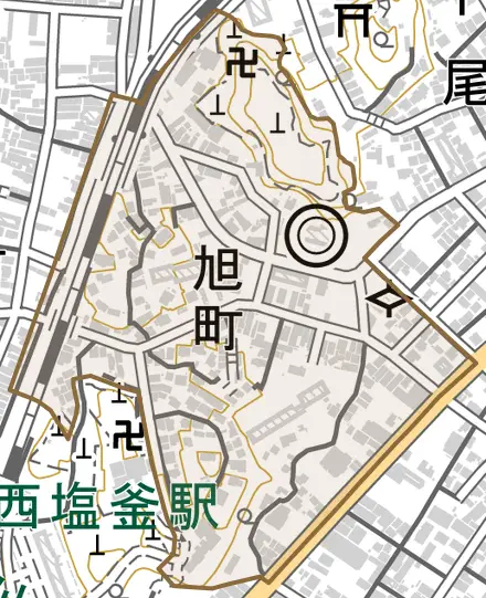 旭町とその周辺の地図。町の範囲を重ねている