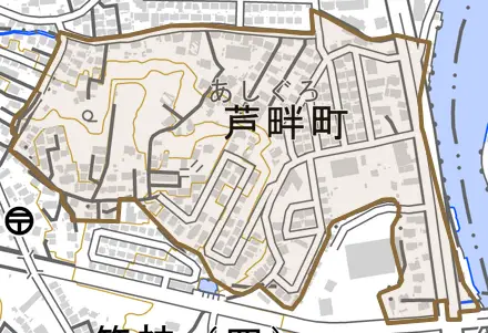 芦畔町とその周辺の地図。町の範囲を重ねている