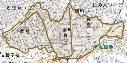 藤倉とその周辺の地図。町の範囲を重ねている