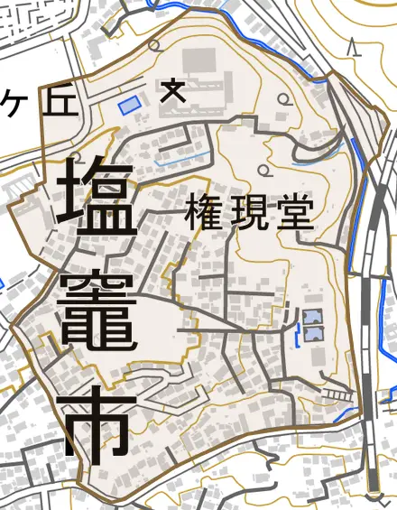 権現堂とその周辺の地図。町の範囲を重ねている
