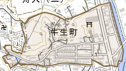 牛生町とその周辺の地図。町の範囲を重ねている