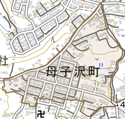 母子沢町とその周辺の地図。町の範囲を重ねている
