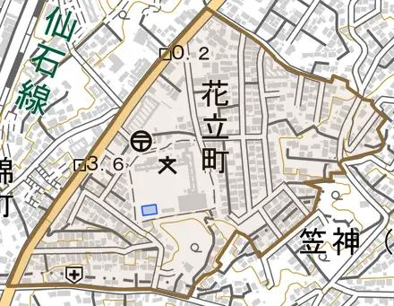 花立町とその周辺の地図。町の範囲を重ねている