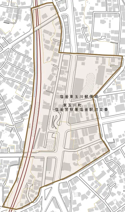 東玉川町とその周辺の地図。町の範囲を重ねている