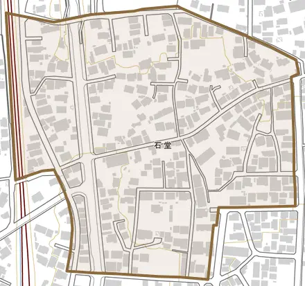 石堂とその周辺の地図。町の範囲を重ねている