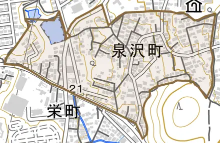 泉沢町とその周辺の地図。町の範囲を重ねている