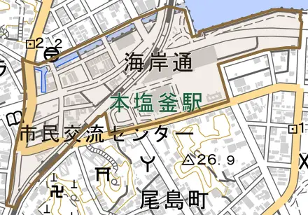 海岸通とその周辺の地図。町の範囲を重ねている