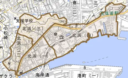 北浜とその周辺の地図。町の範囲を重ねている