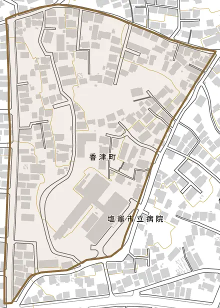 香津町とその周辺の地図。町の範囲を重ねている