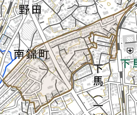 南錦町とその周辺の地図。町の範囲を重ねている