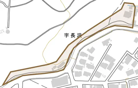 字長沢とその周辺の地図。町の範囲を重ねている
