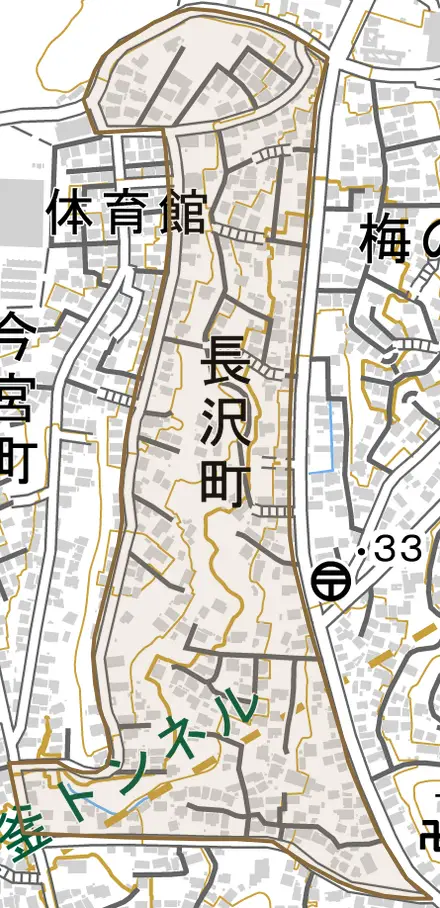 長沢町とその周辺の地図。町の範囲を重ねている