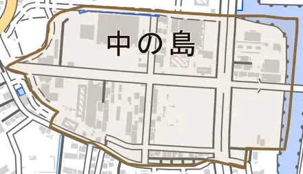 中の島とその周辺の地図。町の範囲を重ねている