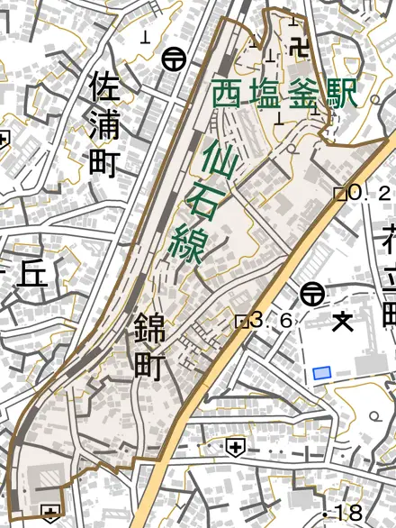 錦町とその周辺の地図。町の範囲を重ねている