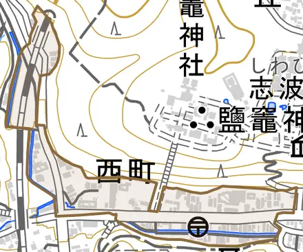 西町とその周辺の地図。町の範囲を重ねている