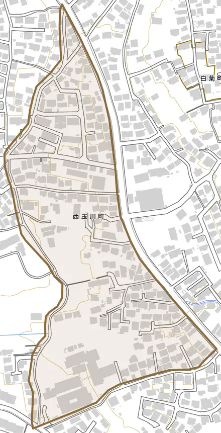 西玉川町とその周辺の地図。町の範囲を重ねている