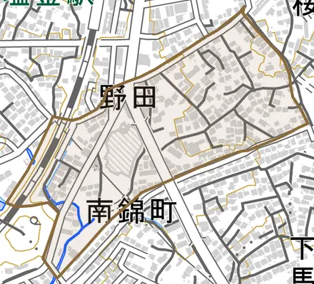 野田とその周辺の地図。町の範囲を重ねている