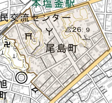 尾島町とその周辺の地図。町の範囲を重ねている