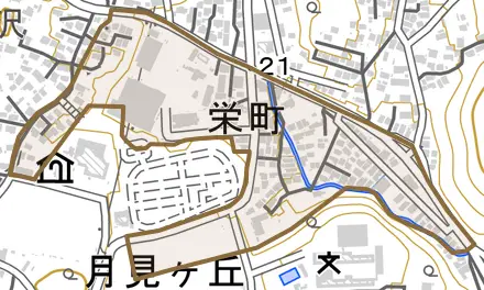 栄町とその周辺の地図。町の範囲を重ねている