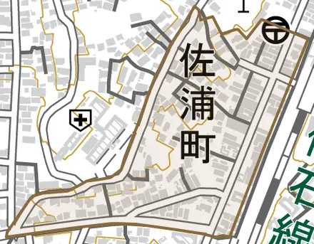 佐浦町とその周辺の地図。町の範囲を重ねている