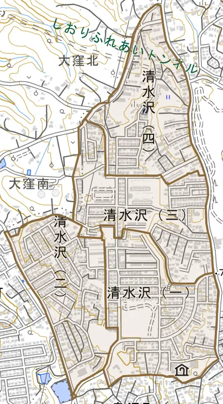清水沢とその周辺の地図。町の範囲を重ねている