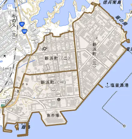 新浜町とその周辺の地図。町の範囲を重ねている