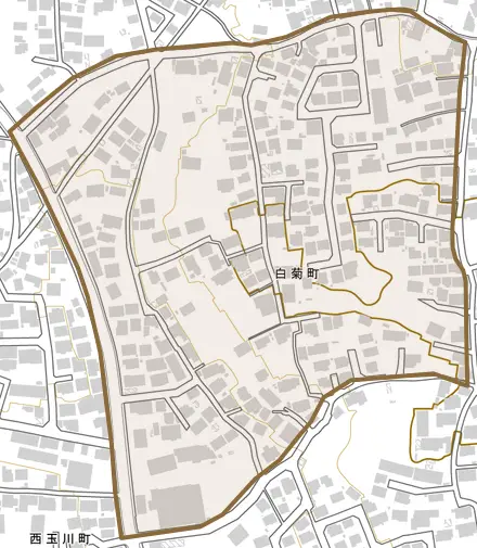 白菊町とその周辺の地図。町の範囲を重ねている