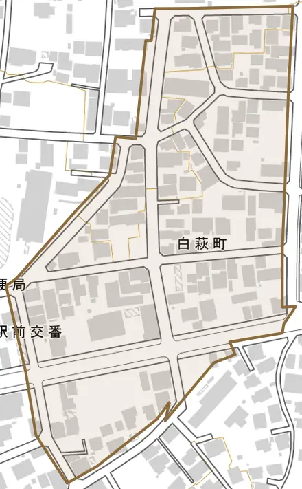 白萩町とその周辺の地図。町の範囲を重ねている