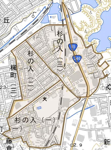 杉の入とその周辺の地図。町の範囲を重ねている