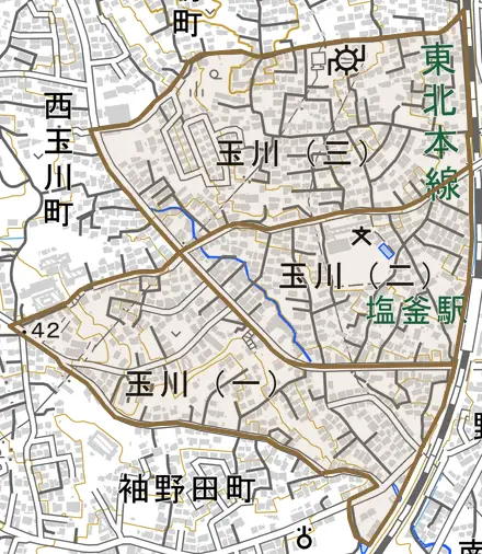 玉川とその周辺の地図。町の範囲を重ねている