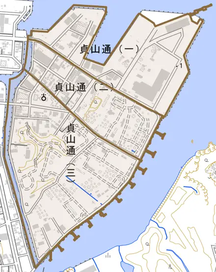 貞山通とその周辺の地図。町の範囲を重ねている