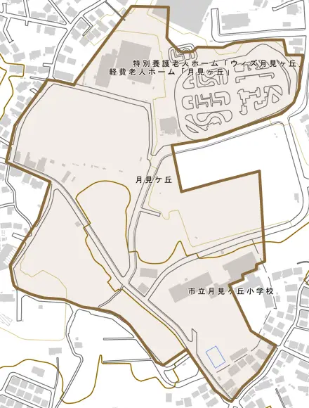 月見ケ丘とその周辺の地図。町の範囲を重ねている