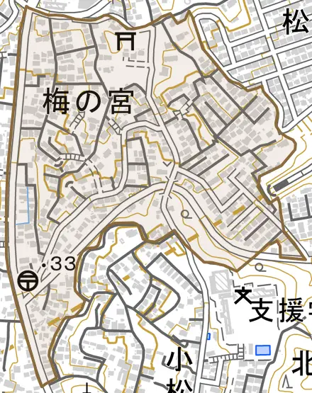 梅の宮とその周辺の地図。町の範囲を重ねている
