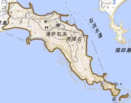 浦戸石浜とその周辺の地図。町の範囲を重ねている