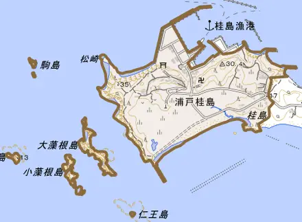 浦戸桂島とその周辺の地図。町の範囲を重ねている