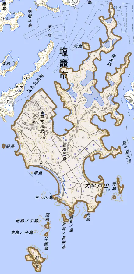 浦戸寒風沢とその周辺の地図。町の範囲を重ねている
