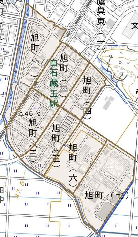 旭町とその周辺の地図。町の範囲を重ねている