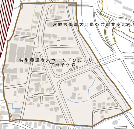 字銚子ケ森とその周辺の地図。町の範囲を重ねている